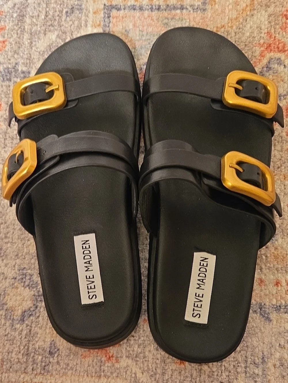 Steve Madden Leather Black Slide Sandals with Gold Buckles